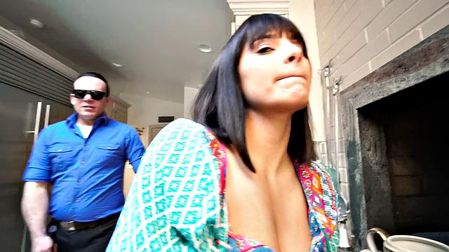 Brunette in glasses cheats on boyfriend with interview in living room