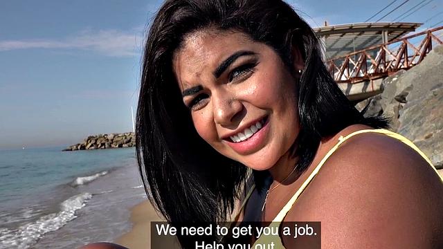 POV busty Latina babe enjoys public sex after casting
