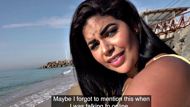 POV busty Latina babe enjoys public sex after casting