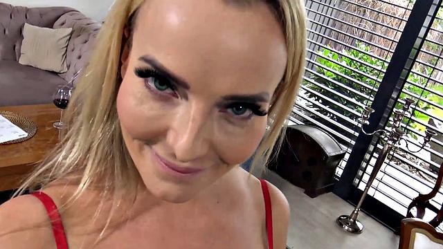 DEBT4k. Smart blonde spreads the legs inviting collector to taste pussy