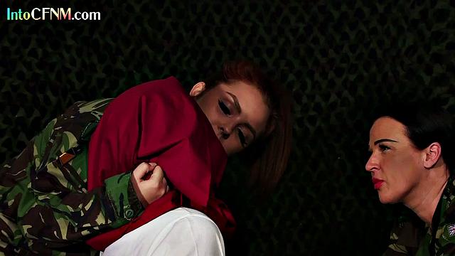 CFNM military femdoms blow BDSM submissive in threesome