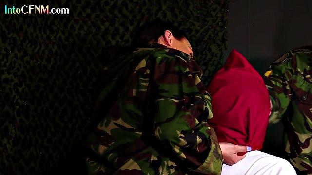 CFNM military femdoms blow BDSM submissive in threesome