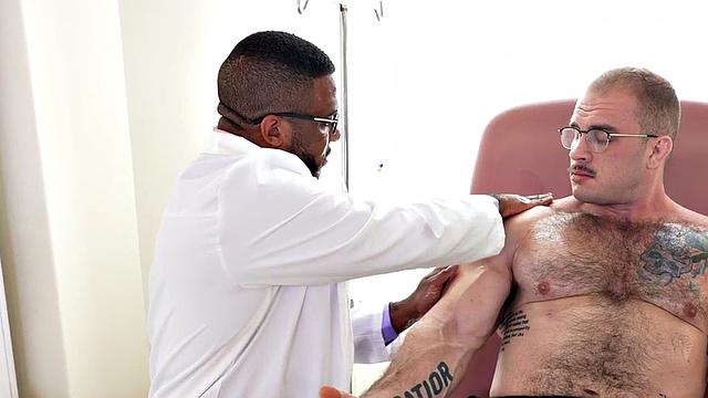 Muscled hunk jerked off by Black doctor with muscle fetish