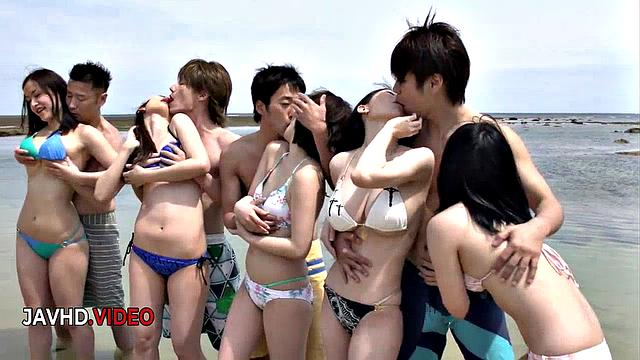 Gang bang starts as sexy Japanese girls enjoy big tits teasing, then end the night with a blowjob