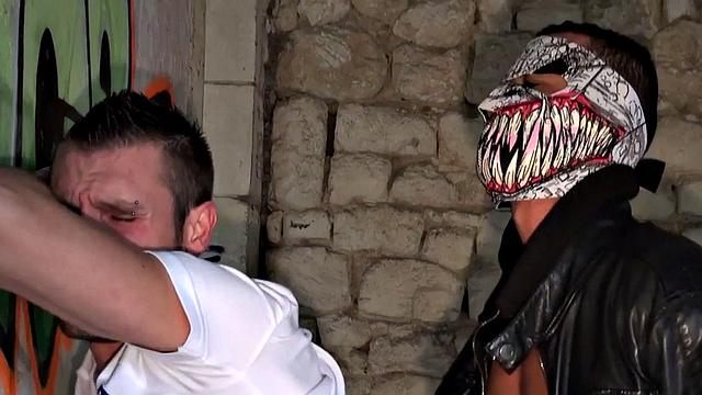 Jockstrap bottom assfucked by masked stud in jacket