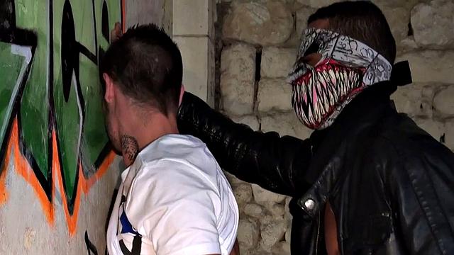 Jockstrap bottom assfucked by masked stud in jacket