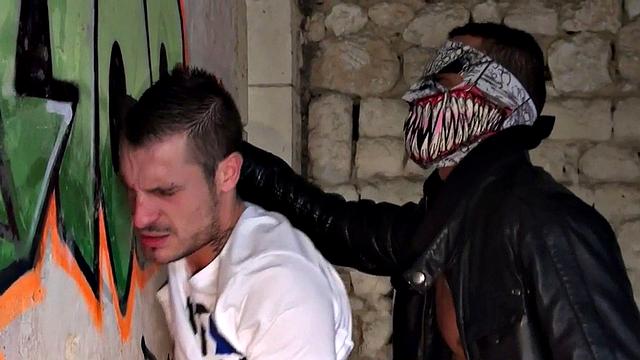 Jockstrap bottom assfucked by masked stud in jacket