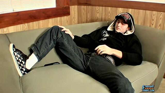 Gay skater strips down and strokes his cock