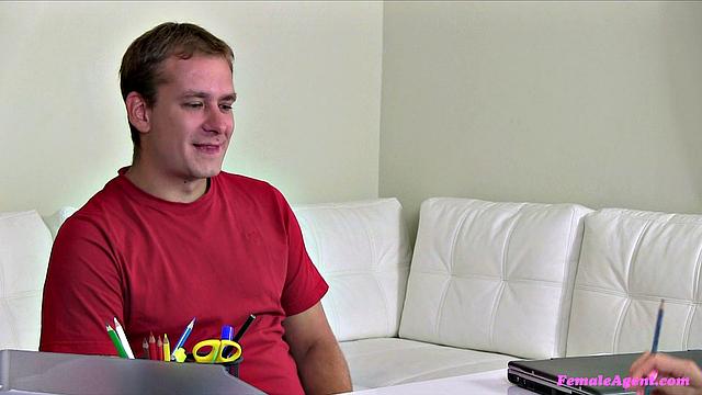 Agent models her shaved pussy & takes it from behind in office