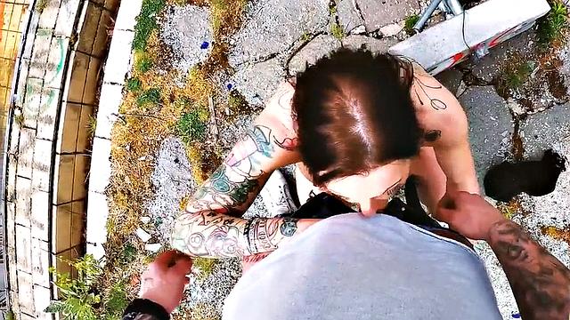 Public POV tattooed slut rides cock of sex date guy