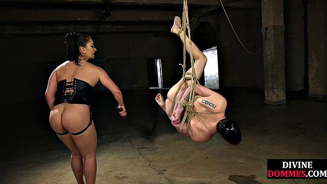 Strict busty domina whipping suspended bdsm submissive