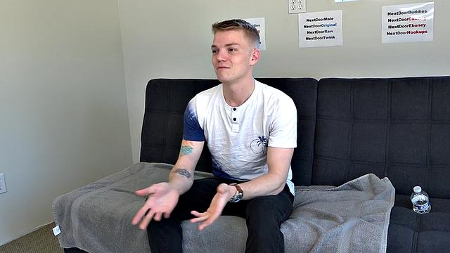 Amateur twink with tattoos jerks cock on casting