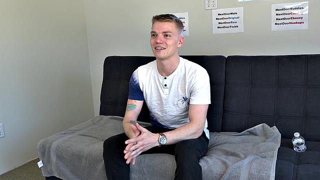 Amateur twink with tattoos jerks cock on casting