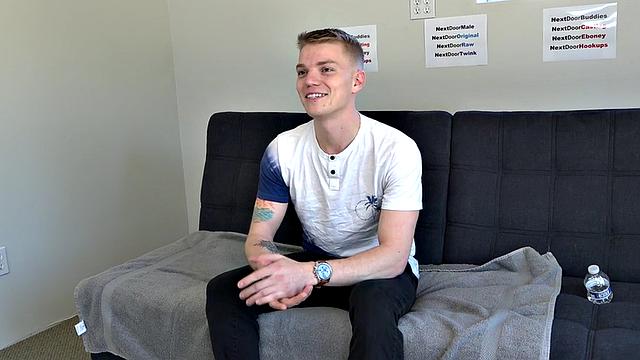Amateur twink with tattoos jerks cock on casting