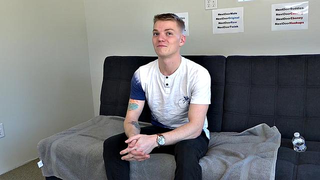 Amateur twink with tattoos jerks cock on casting