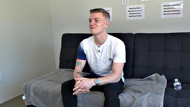 Amateur twink with tattoos jerks cock on casting