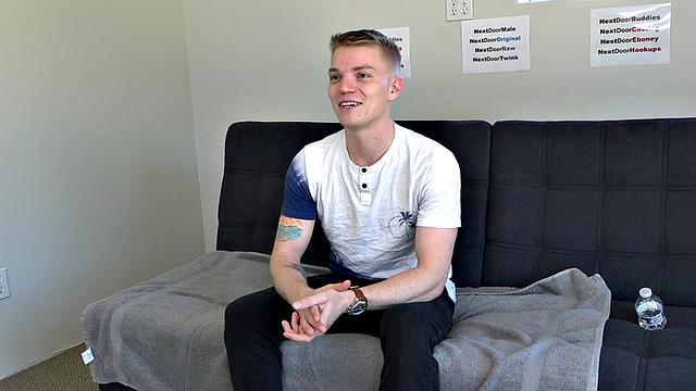 Amateur twink with tattoos jerks cock on casting