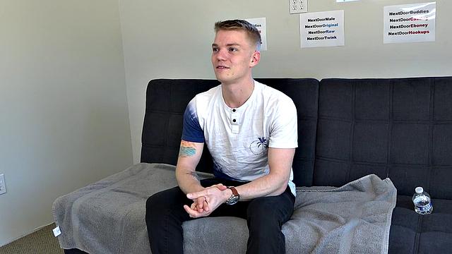 Amateur twink with tattoos jerks cock on casting