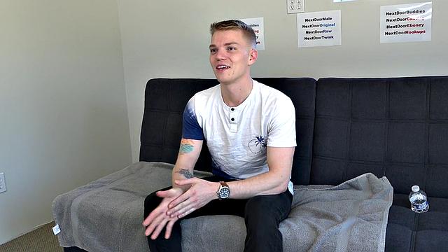 Amateur twink with tattoos jerks cock on casting