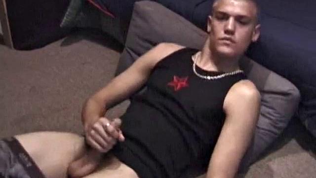 Lance is kicked back, while watching a porn video, as he works up a stiff one. Some determined cock stroking causes a cum explosion onto Lance's shirt, which he quickly licks up.