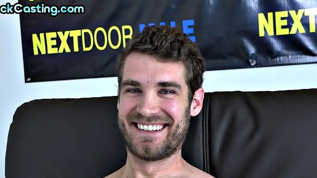 Cumming solo stud with hairy chest jerks cock on casting