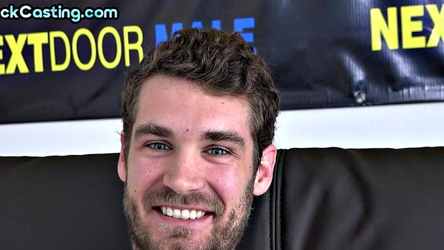 Cumming solo stud with hairy chest jerks cock on casting