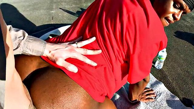 Black bottom picked up and fucked by white top outdoors