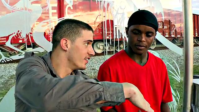 Black bottom picked up and fucked by white top outdoors