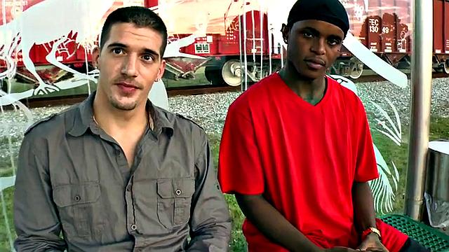 Black bottom picked up and fucked by white top outdoors