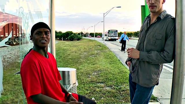 Black bottom picked up and fucked by white top outdoors