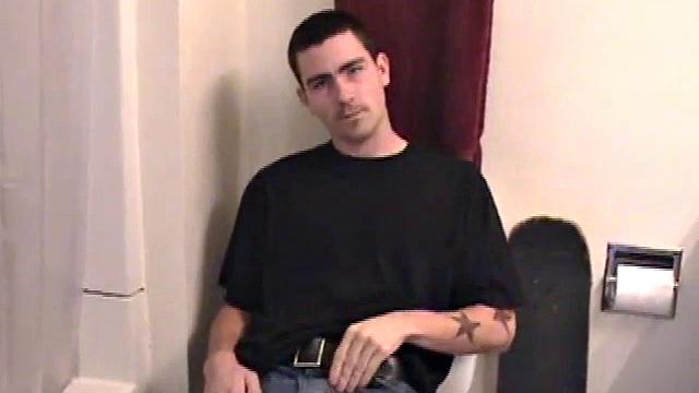 Dan grabs the lube and gets ready to jack off in the bathroom. After working up a boner he strokes his cock with determination, until it squirts fresh warm cum all over his belly and chest.