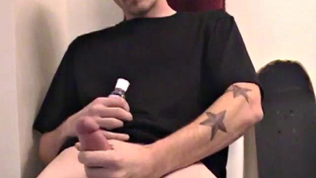 Dan grabs the lube and gets ready to jack off in the bathroom. After working up a boner he strokes his cock with determination, until it squirts fresh warm cum all over his belly and chest.