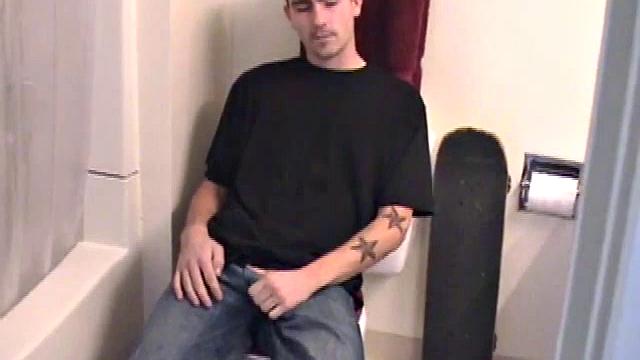 Dan grabs the lube and gets ready to jack off in the bathroom. After working up a boner he strokes his cock with determination, until it squirts fresh warm cum all over his belly and chest.