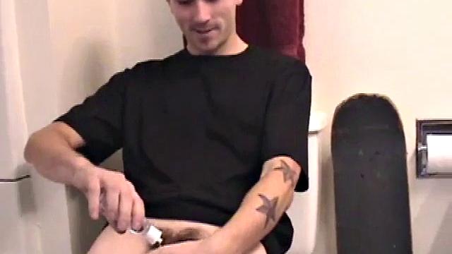 Dan grabs the lube and gets ready to jack off in the bathroom. After working up a boner he strokes his cock with determination, until it squirts fresh warm cum all over his belly and chest.