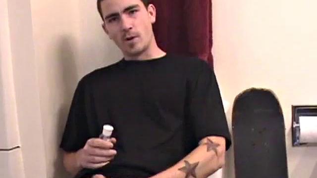 Dan grabs the lube and gets ready to jack off in the bathroom. After working up a boner he strokes his cock with determination, until it squirts fresh warm cum all over his belly and chest.