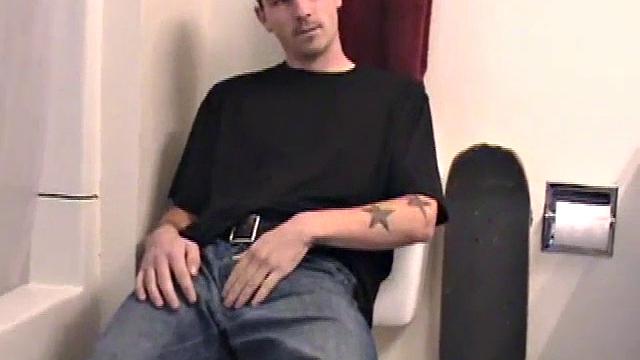 Dan grabs the lube and gets ready to jack off in the bathroom. After working up a boner he strokes his cock with determination, until it squirts fresh warm cum all over his belly and chest.