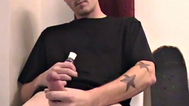 Dan grabs the lube and gets ready to jack off in the bathroom. After working up a boner he strokes his cock with determination, until it squirts fresh warm cum all over his belly and chest.