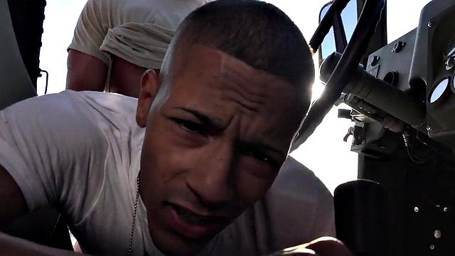 Outdoor soldier fucks military bottom on truck