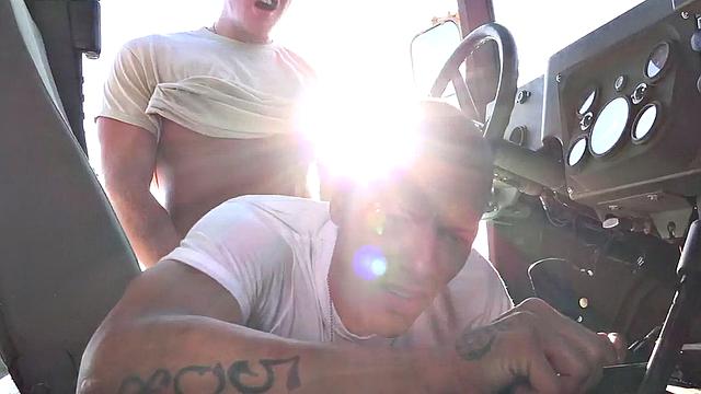 Outdoor soldier fucks military bottom on truck