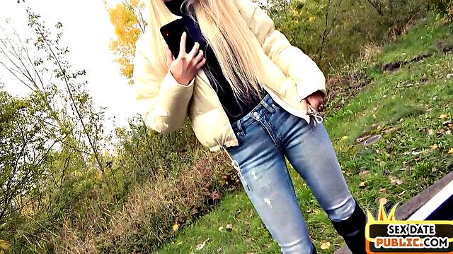 POV Blonde doggystyled outdoor