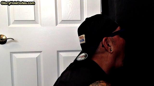 Real tattooed gay daddy sucks gloryhole at home