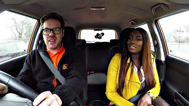 Curvy Nubian gets pussy pounded in the car by driving tutor