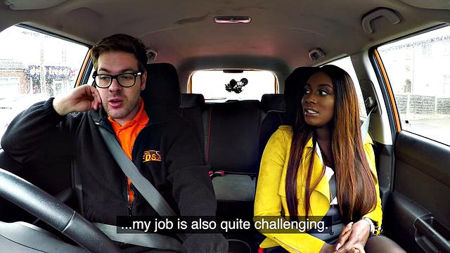 Curvy Nubian gets pussy pounded in the car by driving tutor