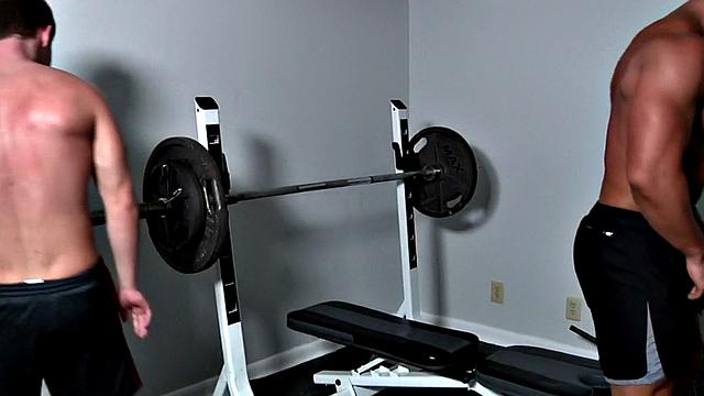 Muscled gym jock fucked in ass by stud in room