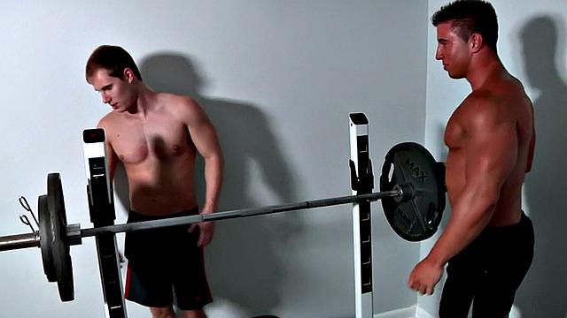 Muscled gym jock fucked in ass by stud in room