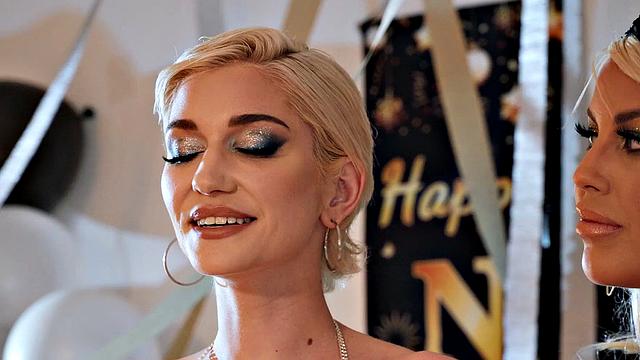 Hot young lesbians in high heels & skinny jeans scissor and kiss each other's pussies in the New Year