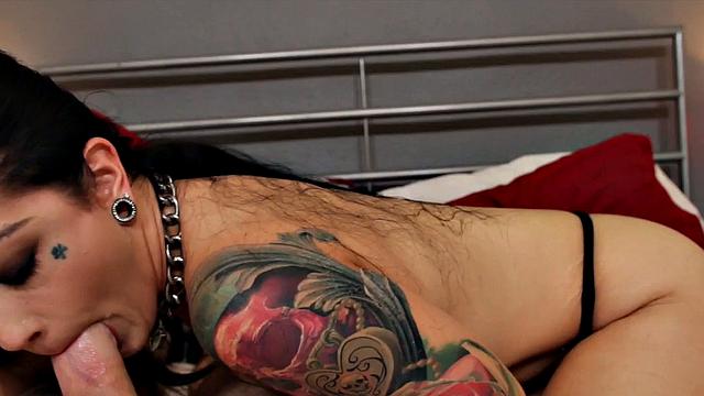 Inked deepthroat babe sucks cock in POV and talks