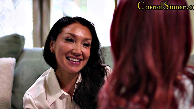 Strapon Asian fucks redhead babe after scissoring