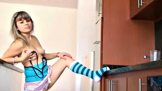 Sammy 18 Kitchen Masturbates tight pussy