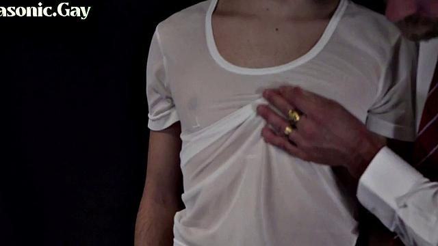 Mature gay mason in suit whips skinny twink
